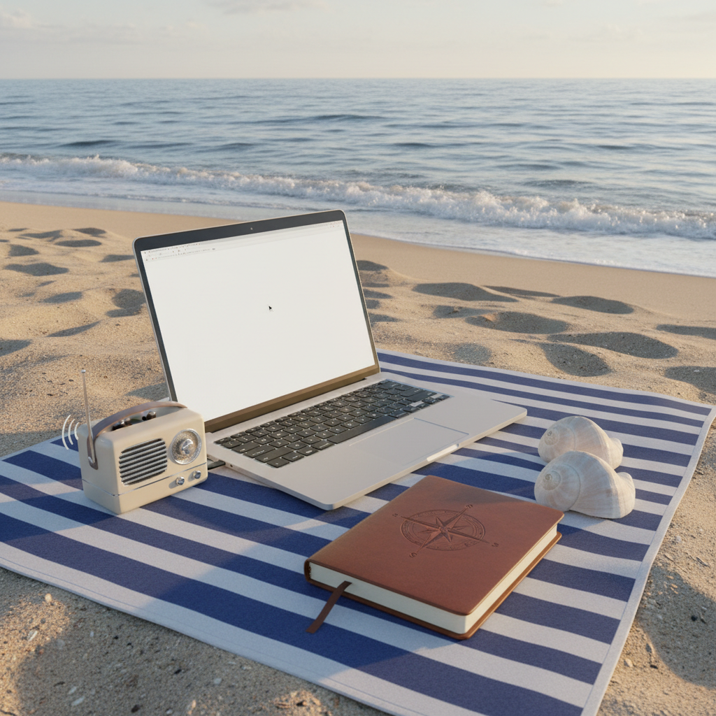 A slim, silver laptop open on a striped beach towel, its screen displaying a blank document, beside a small portable speaker shaped like a retro radio and a closed leather-bound journal. Nearby, a pair of seashells form a whimsical bookend. The laptop sits on fine, sunlit sand with the shoreline curving softly behind. Late afternoon sunlight creates warm highlights on the metal and rich shadows in the towel’s folds. The atmosphere is playful and creative, like a beachside writing session with music drifting through the air. Photographic realism, shot from a slightly elevated angle, using the rule of thirds to balance the laptop and the distant surf.