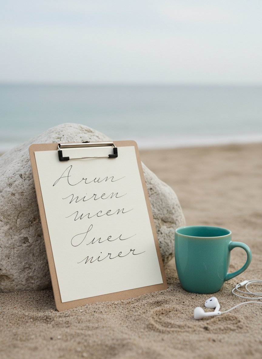 A close-up of a single sheet of creamy stationery clipped to a small wooden clipboard, propped against a sun-bleached rock on the beach. The page is partially written with looping lines, but the words are just suggestive squiggles, not readable text. Beside it lies a smooth, turquoise-glazed ceramic mug and a pair of earbuds loosely coiled, their cable tracing a musical note shape in the sand. Soft overcast light creates even, diffused illumination with almost no harsh shadows, giving a calm, contemplative mood. Photographic realism, with a low-angle composition that lets the blurred ocean and sky fill the top of the frame in muted blues and grays.