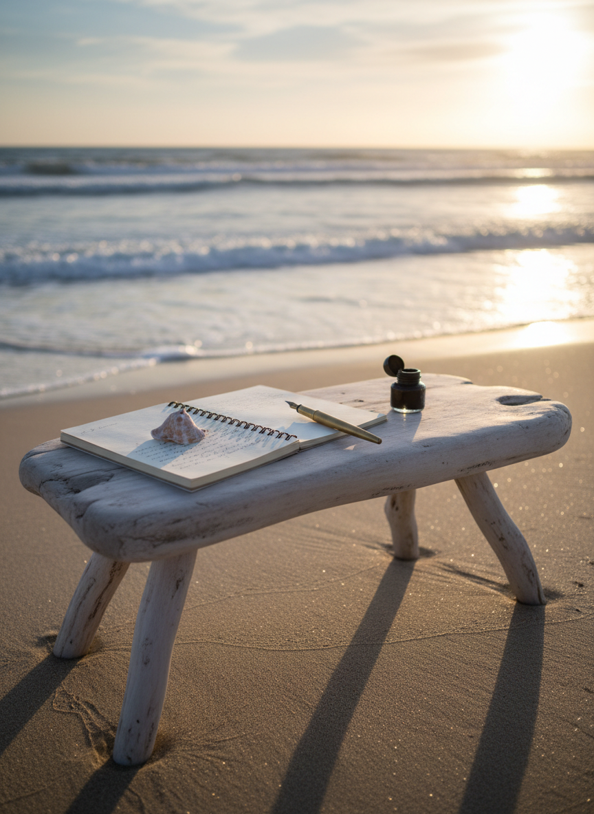 A weathered driftwood writing desk set alone on a quiet sandy beach, its pale, salt-smoothed surface scattered with a spiral notebook, an old-fashioned fountain pen, and a tiny conch shell acting as a playful paperweight. Gentle waves roll in the middle distance, slightly out of focus. Soft golden hour sunlight bathes the scene, casting long, warm shadows and catching sparkles on the water. The mood is dreamy and inviting, suggesting ideas just about to be written. Photographic realism, shot at eye level with a shallow depth of field, keeping the notebook and pen in crisp focus while the ocean and sky blur into a pastel backdrop.