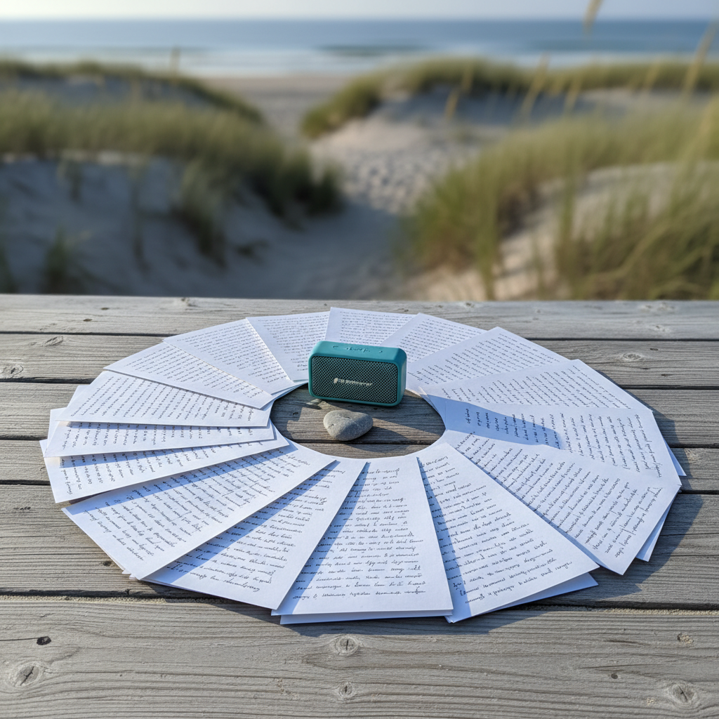 An overhead view of a neat spiral of handwritten poem pages arranged like a sun on a pale wooden boardwalk that leads toward the ocean. At the center sits a small, teal Bluetooth speaker and a smooth, heart-shaped stone. Beyond the boardwalk, soft-focus dunes and sea grass sway. The light is soft morning sunlight, cool and clear, casting delicate, radial shadows from the pages. The mood is gently energetic and optimistic, as if lyrics and lines are spinning out from the music. Photographic realism with sharp focus throughout, emphasizing textures of paper fibers, worn wood, and sand grains caught between the boards.
