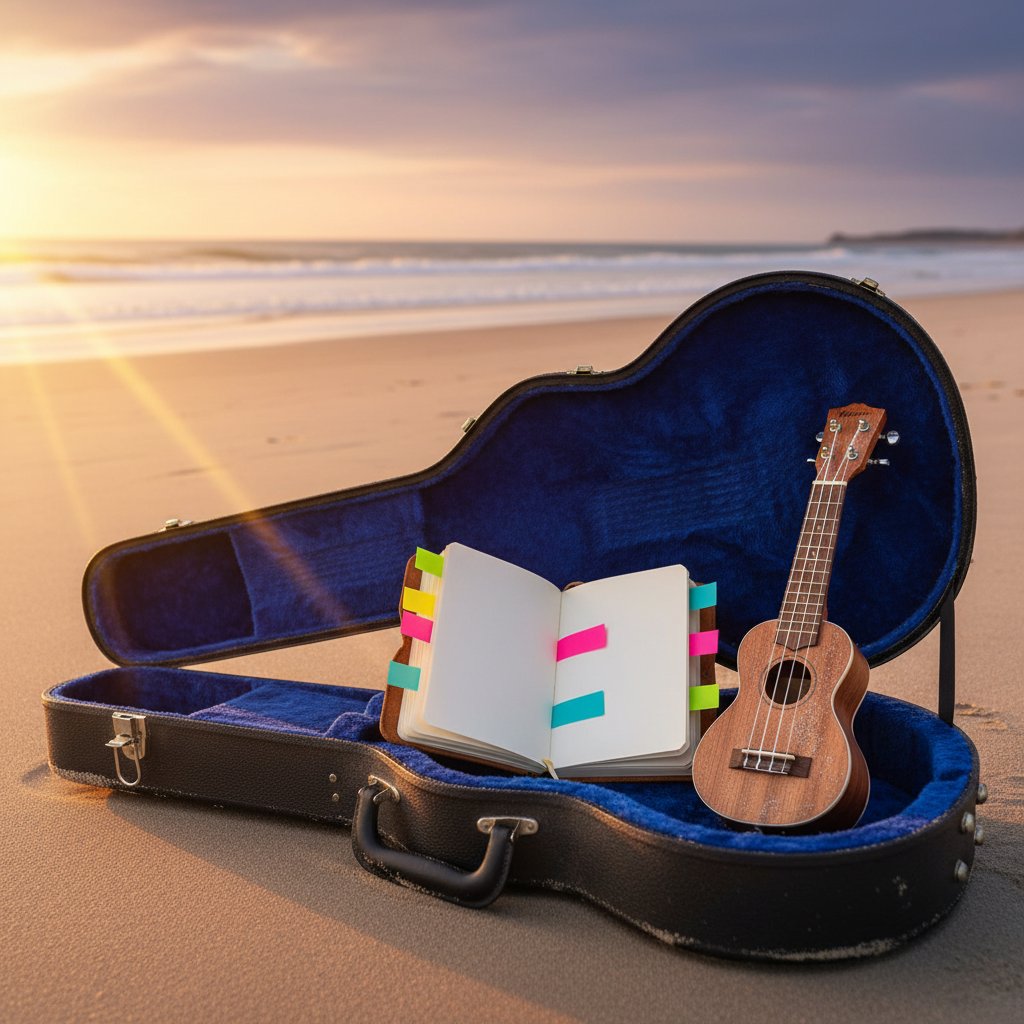 A playful still life of an open, pocket-sized notebook resting inside an empty guitar case left on a quiet beach, the case’s plush interior a deep midnight blue that contrasts with pale sand scattered along its edges. Around the notebook, several colorful sticky notes peek out like bookmarks, and a small, sand-dusted ukulele leans against the case. The late-day sun slants in from the side, creating dramatic, warm highlights on the instrument’s wood and gentle shadows that curve along the case. The mood is whimsical and musical, suggesting song lyrics or beach poems in progress. Photographic realism, shot from a three-quarter angle with moderate depth of field, keeping the case sharp while the shoreline softly blurs.